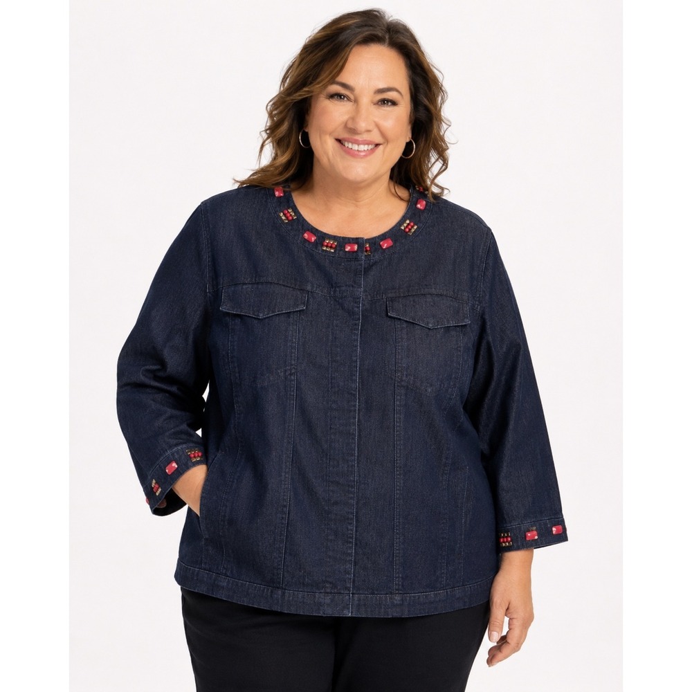 Focus 2000 Woman Dark Wash Denim Embellished Jacket 18W Blue Red Studded Cuff